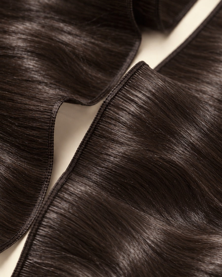 Close-up of thin Genius Weft seams and dark hair laid against an ivory background.