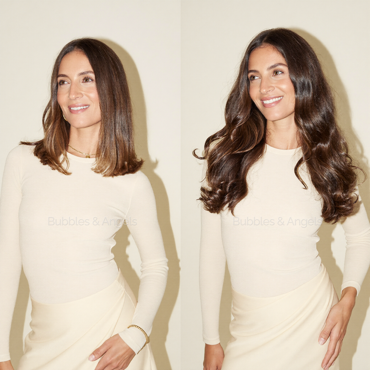 Before and after: shoulder-length hair, then long, full waves, a Bubbles & Angels client