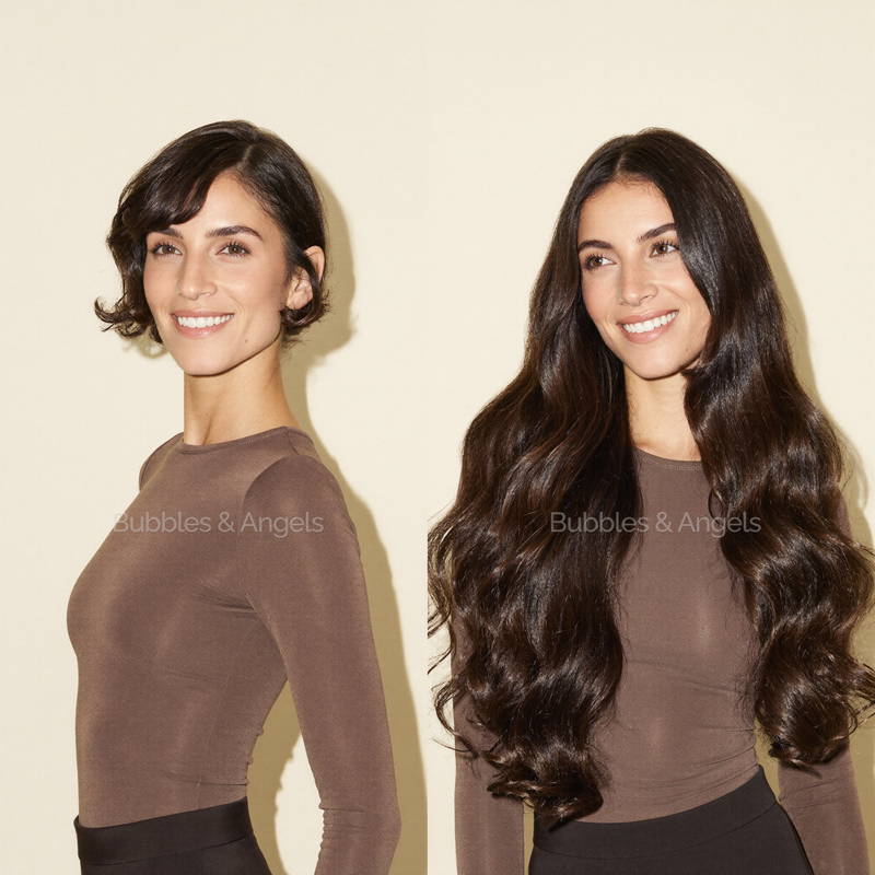 Before and after hair extensions at Bubbles & Angels