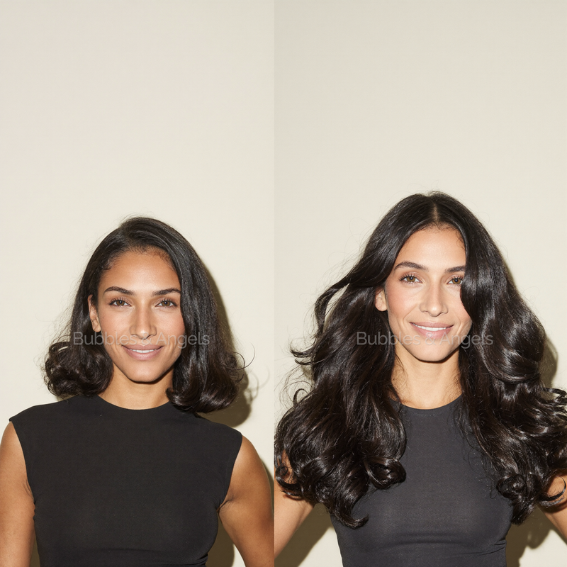 Before and after hair extensions at Bubbles & Angels