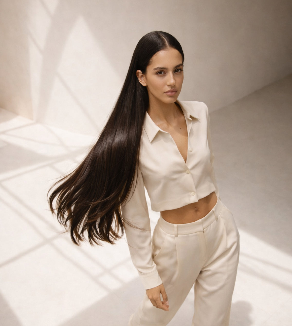 Model with long dark hair extensions