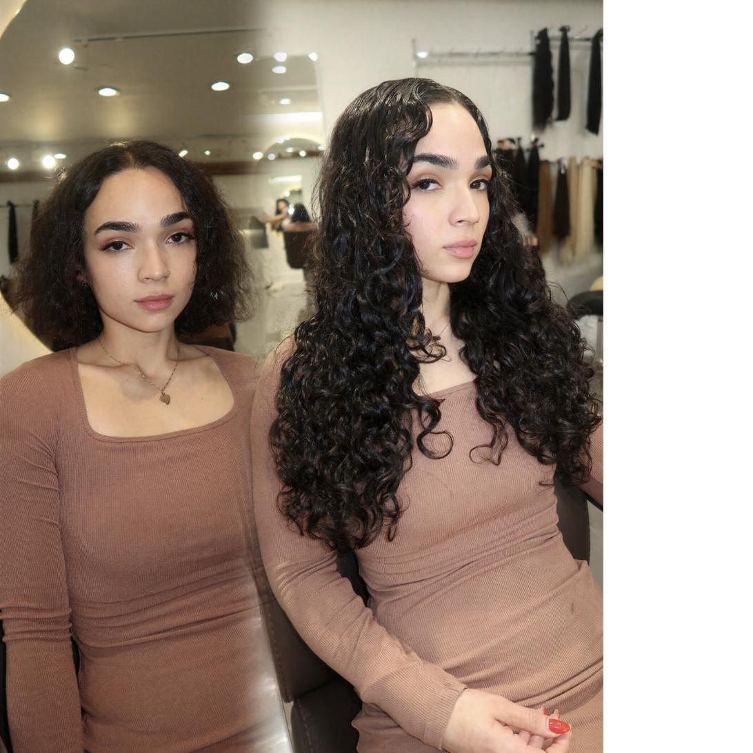 Before and after: a client's shoulder-length hair transformed into long, full waves with a custom set at Bubbles & Angels