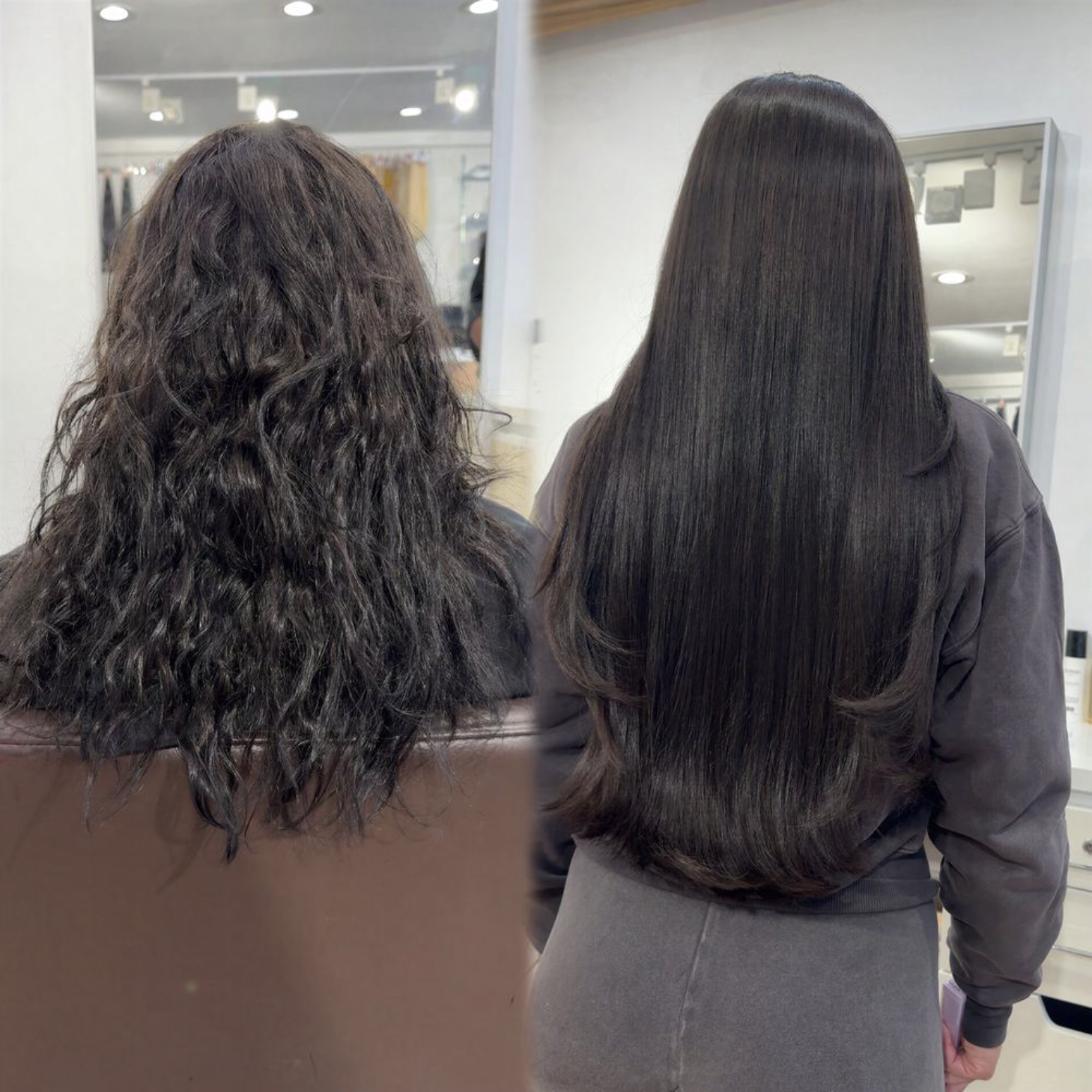 Client before and after, about 240 grams of custom hair